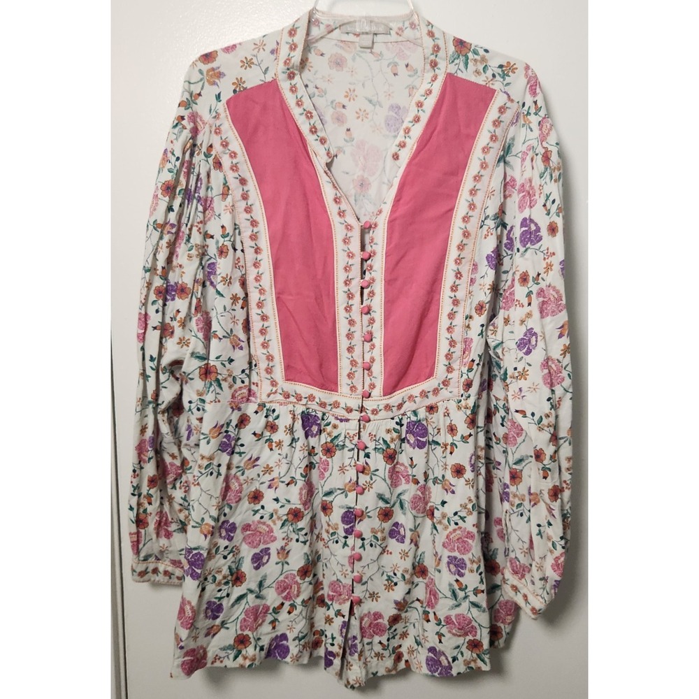 Woman Within Pink Floral Ruffle V-Neck Long Sleeve Button Front Tunic‎ Blouse 2X